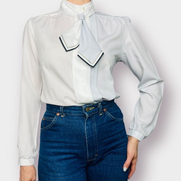 Vintage‎ 80s Grant Park Gray and White Two Tone Blouse - Picture 2 of 6